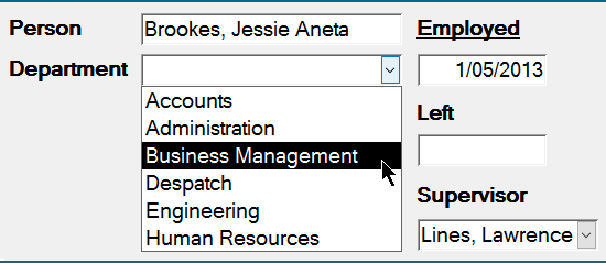 MS Access combo box screenshot.